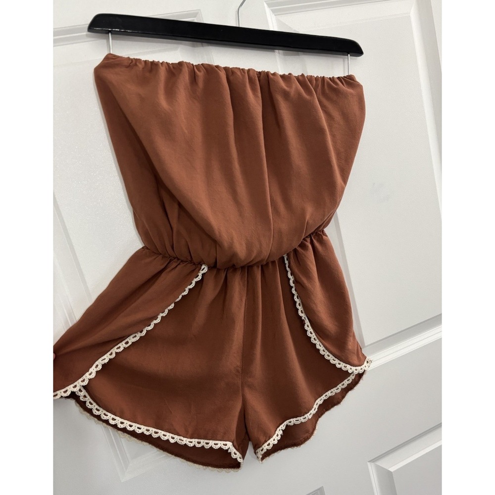 Wet Seal Strapless Romper Brown Boho Crochet Lace Trim Elastic Waist Size M 0524
